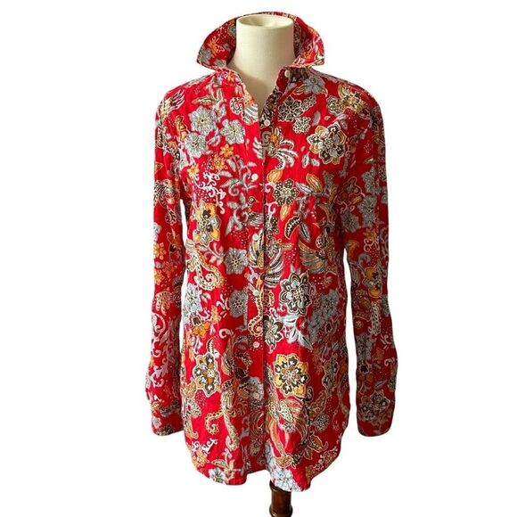 SOLD J MCLAUGHLIN LOIS SHIRT S RED FLORAL WHIMSY CASUAL COLORFUL STRETCH COTTON - Picture 2 of 12